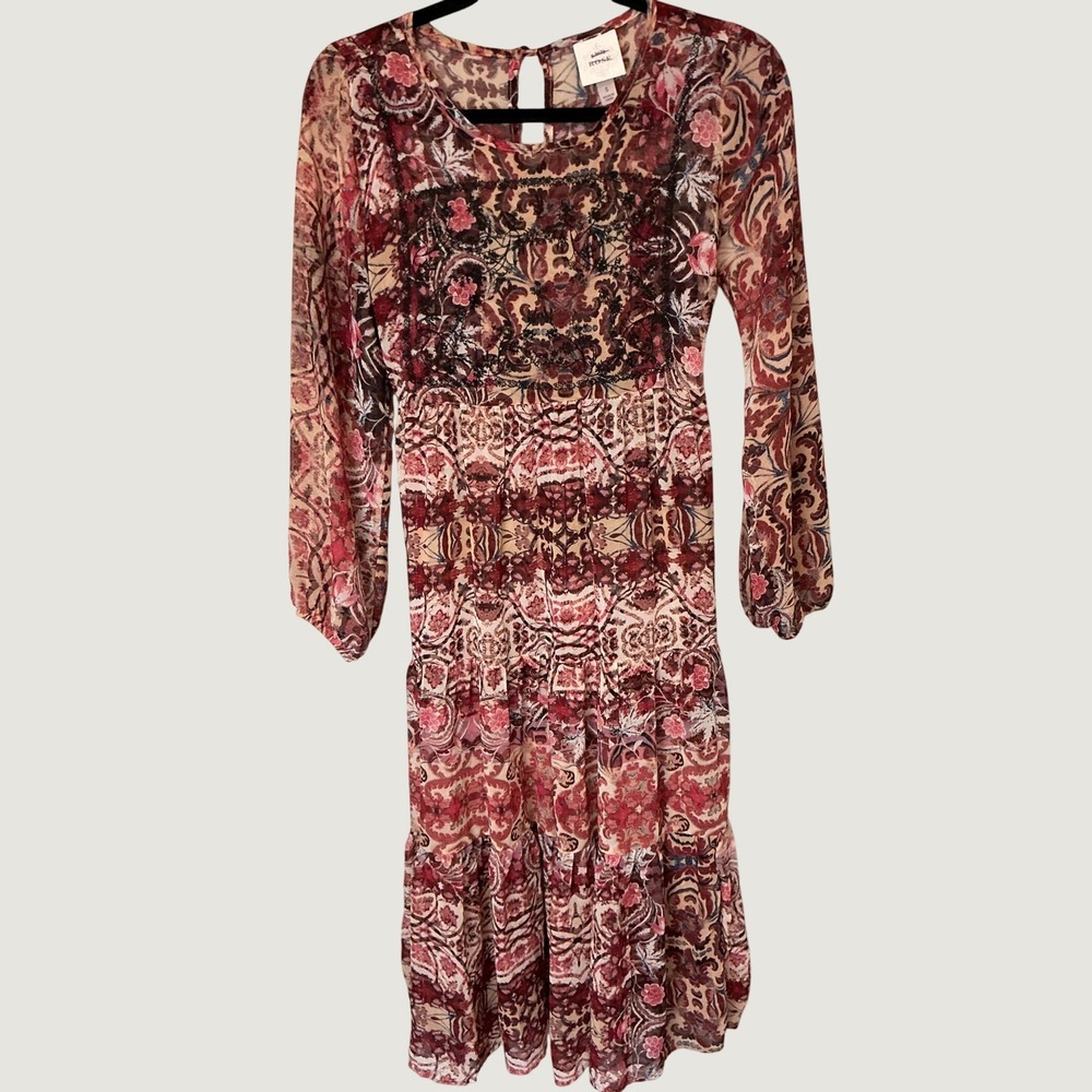 Knox Rose Womens Boho Paisley Embroidered Tiered Midi Dress Burgundy Small - Picture 6 of 7